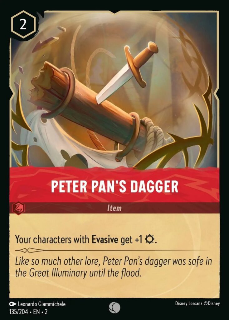 Disney Lorcana Set 2 Rise of the Floodborn. Peter Pan's Dagger common trading card.