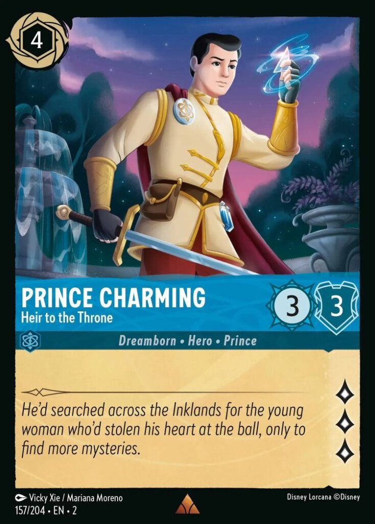 Disney Lorcana Set 2 Rise of the Floodborn. Prince Charming "Heir to the Throne" rare trading card.