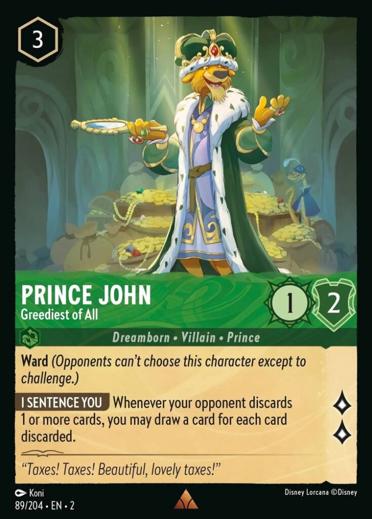 Disney Lorcana Set 2 Rise of the Floodborn. Prince John "Greddiest of All" rare trading card.