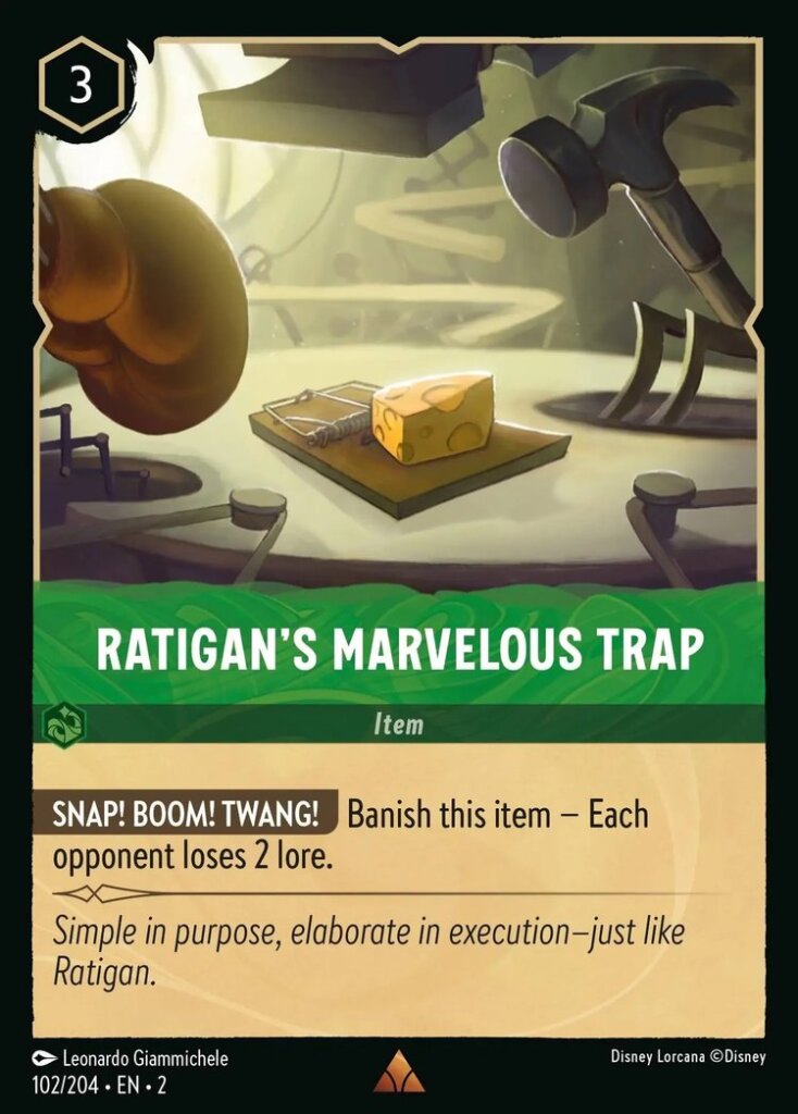 Disney Lorcana Set 2 Rise of the Floodborn. Ratigan's Marvelous Trap rare trading card.