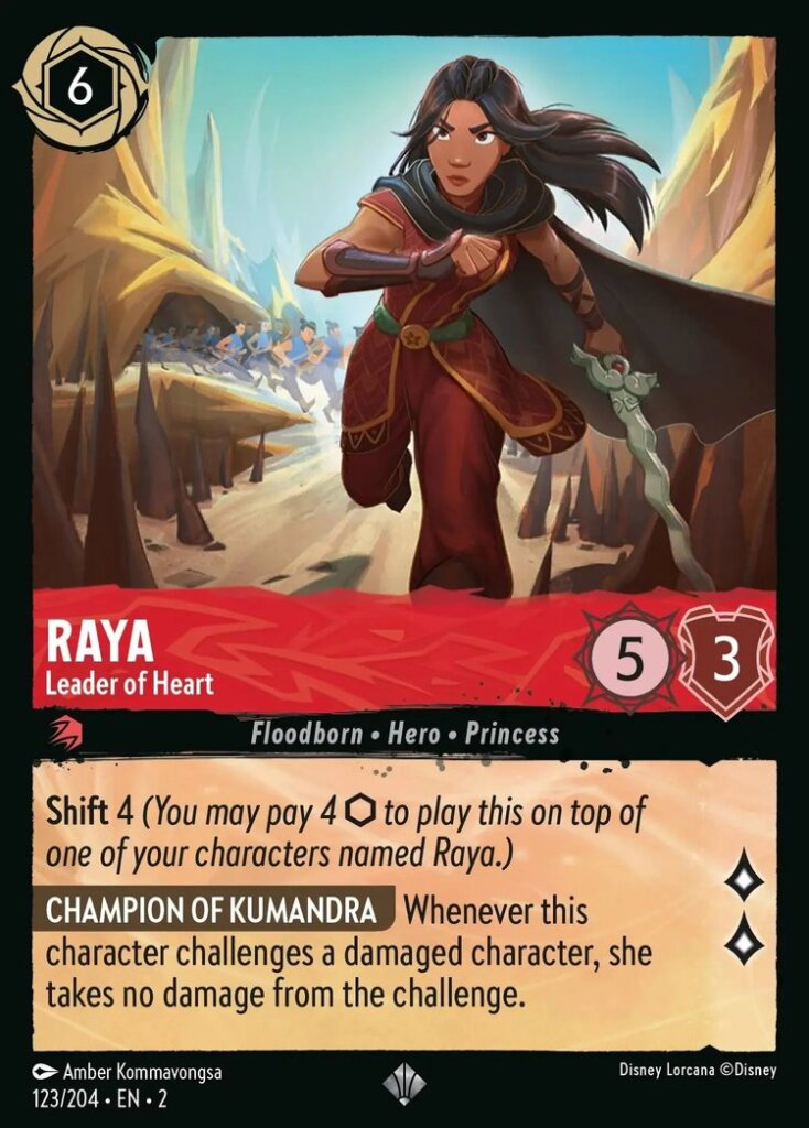 Disney Lorcana Set 2 Rise of the Floodborn. Raya "Leader of Heart" super rare trading card.