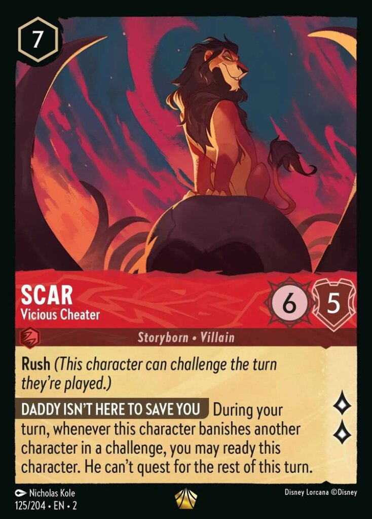 Disney Lorcana Set 2 Rise of the Floodborn. Scar "Vicious Cheater" legendary trading card.