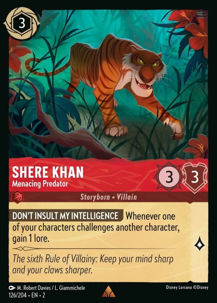 Disney Lorcana Set 2 Rise of the Floodborn. Shere Khan "Menacing Predator" rare trading card.