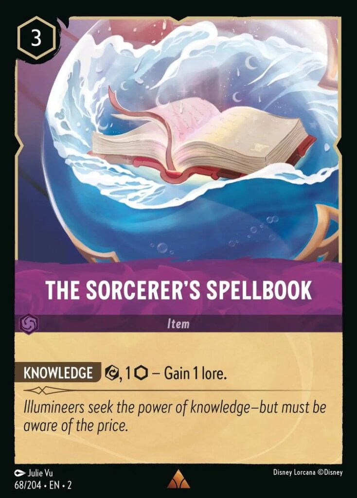 Disney Lorcana Set 2 Rise of the Floodborn. The Sorcerer's Spellbook rare trading card.