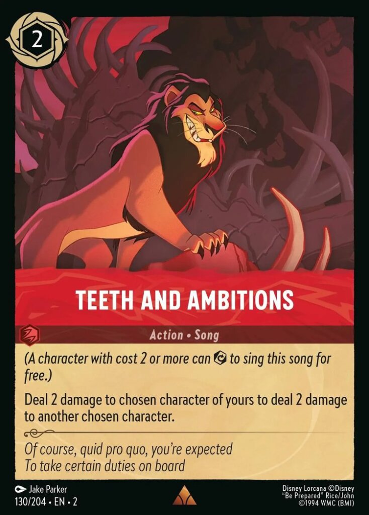 Disney Lorcana Set 2 Rise of the Floodborn. Teeth and Ambitions rare trading card.