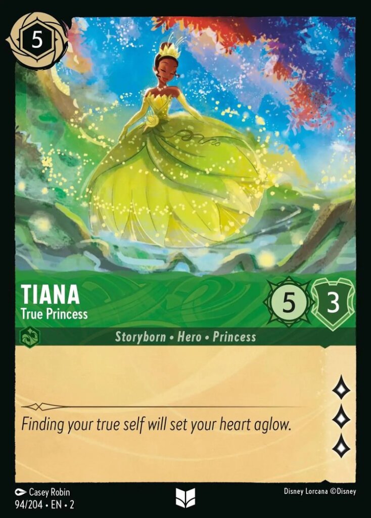 Disney Lorcana Set 2 Rise of the Floodborn. Tiana "True Princess" uncommon trading card.