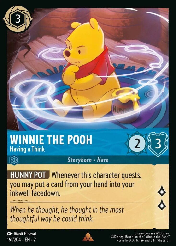 Disney Lorcana Set 2 Rise of the Floodborn. Winnie the Pooh "Having a Think" rare trading card.