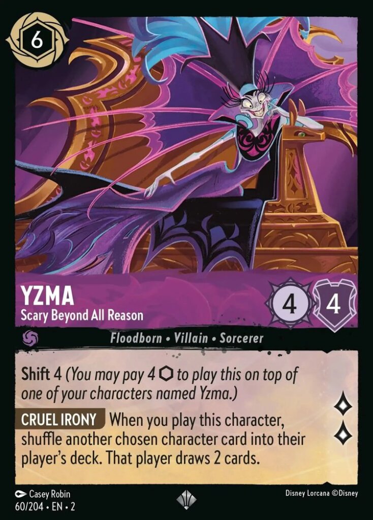 Disney Lorcana Set 2 Rise of the Floodborn. Yzma "Scary Beyond All Reason" super rare trading card.