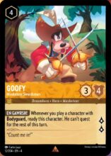 Disney Lorcana set 4 Ursula's Return. Goofy "Musketeer Swordsman" rare trading card.