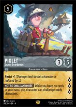 Disney Lorcana set 4 Ursula's Return. Piglet "Sturdy Swordsman" legendary trading card.
