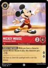 Disney Lorcana set 5 Shimmering Skies. Mickey Mouse "Enthusiastic Dancer" common trading card.