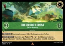 Disney Lorcana set 5 Shimmering Skies. Sherwood Forest "Outlaw Hideaway" rare trading card.