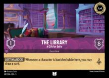 Disney Lorcana set 5 Shimmering Skies. The Library "A Gift for Belle" uncommon trading card.