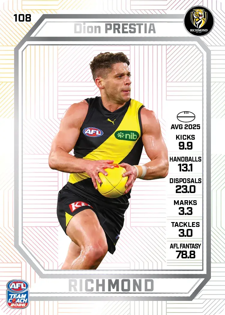 Teamcoach 2026 Base Pearl Card #108 Dion Prestia - Richmond