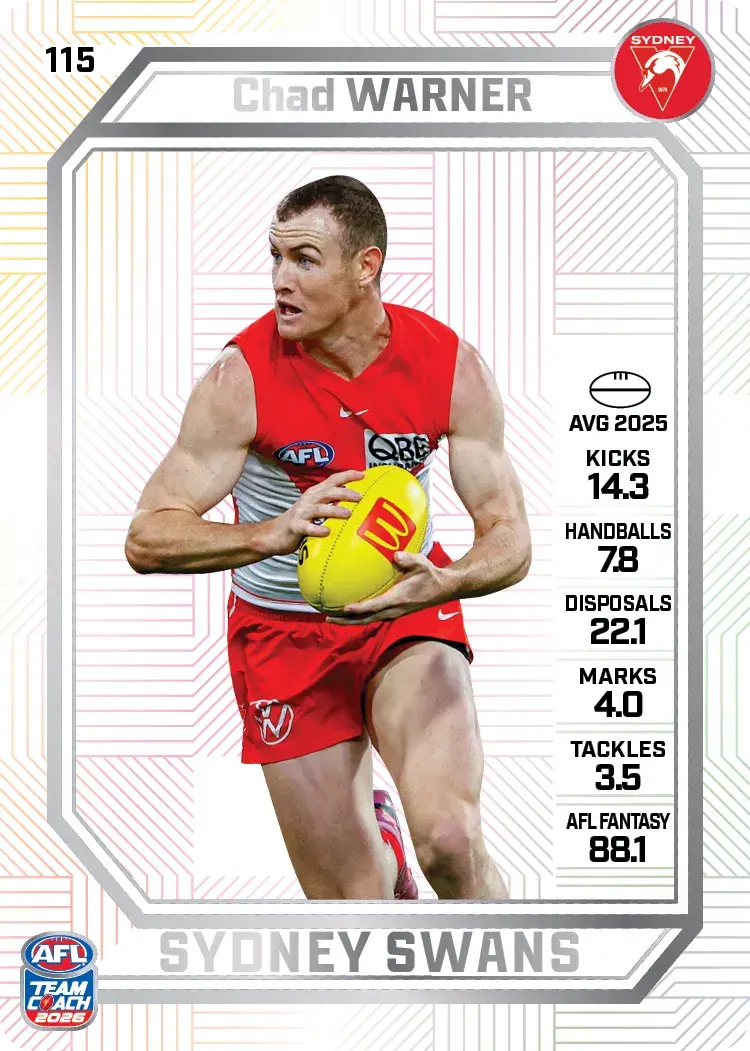 Teamcoach 2026 Base Pearl Card #115 Chad Warner - Sydney Swans