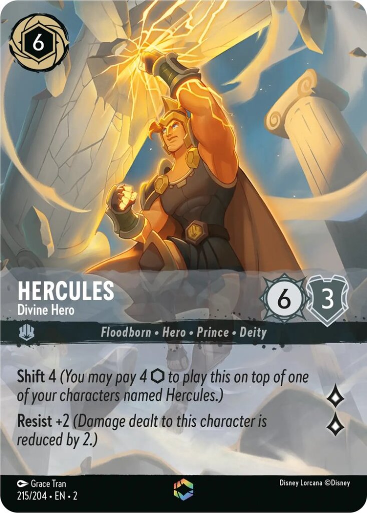 Disney Lorcana Set 2 Rise of the Floodborn. Hercules "Divine Hero" Enchanted card.