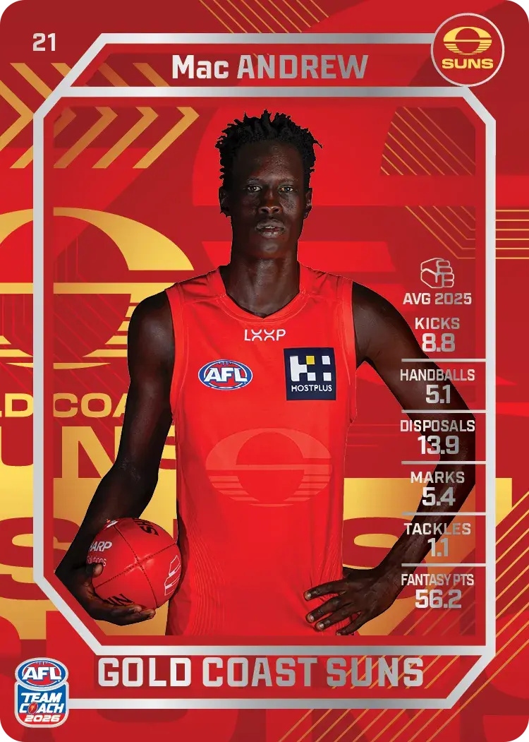 Teamcoach 2026 Base Silver Card #21 Mac Andrew - Gold Coast Suns