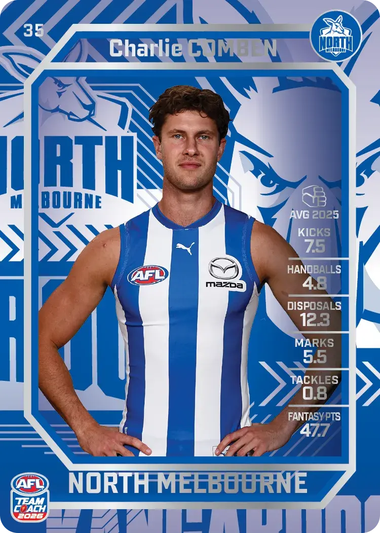 Teamcoach 2026 Base Silver Card #35 Charlie Comben - North Melbourne