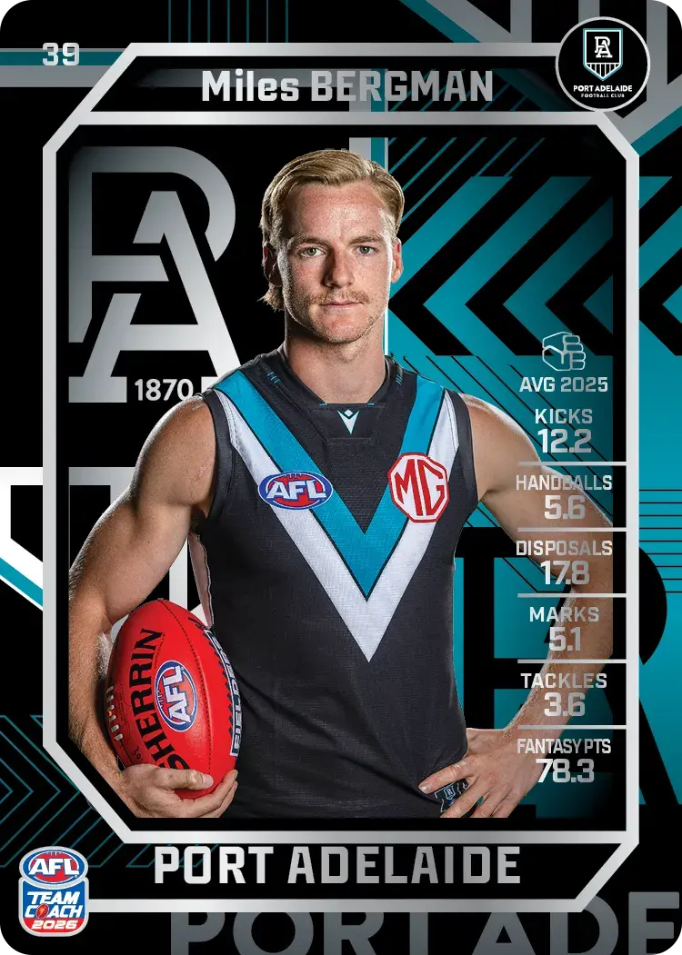 Teamcoach 2026 Base Silver Card #39 Miles Bergman - Port Adelaide