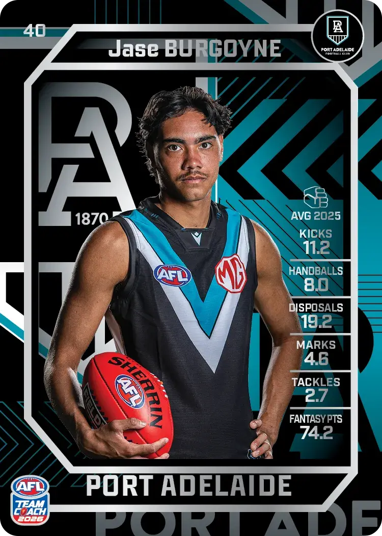 Teamcoach 2026 Base Silver Card #40 Jase Burgoyne - Port Adelaide