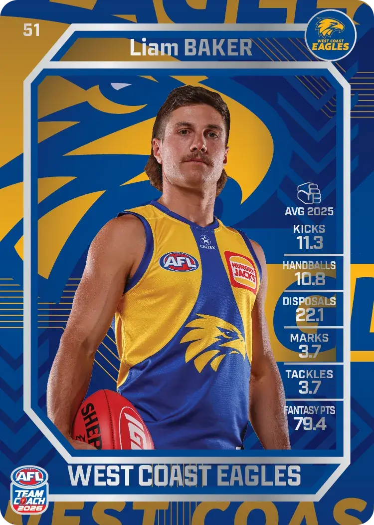 Teamcoach 2026 Base Silver Card #51 Liam Baker - West Coast Eagles