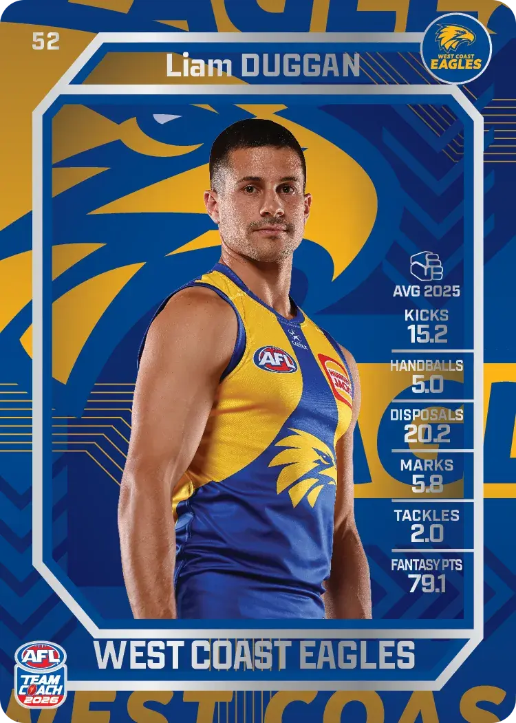 Teamcoach 2026 Base Silver Card #52 Liam Duggan - West Coast Eagles