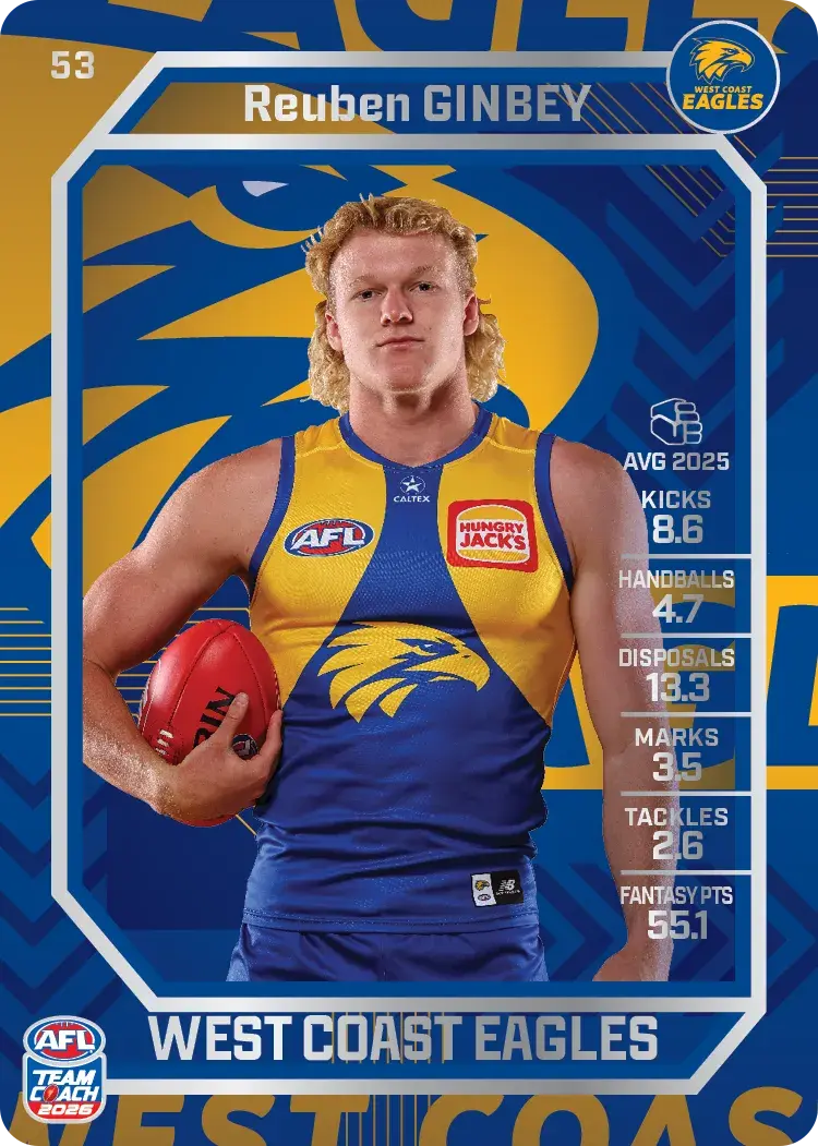 Teamcoach 2026 Base Silver Card #53 Reuben Gibbey - West Coast Eagles