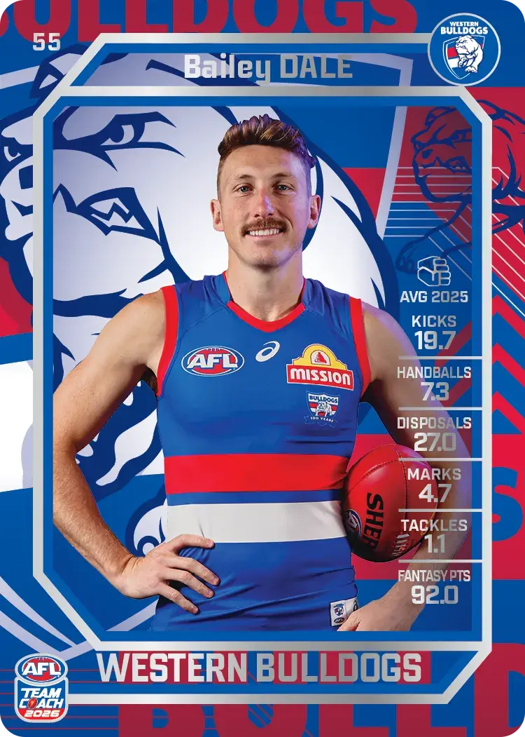 Teamcoach 2026 Base Silver Card #55 Bailey Dale - Western Bulldogs