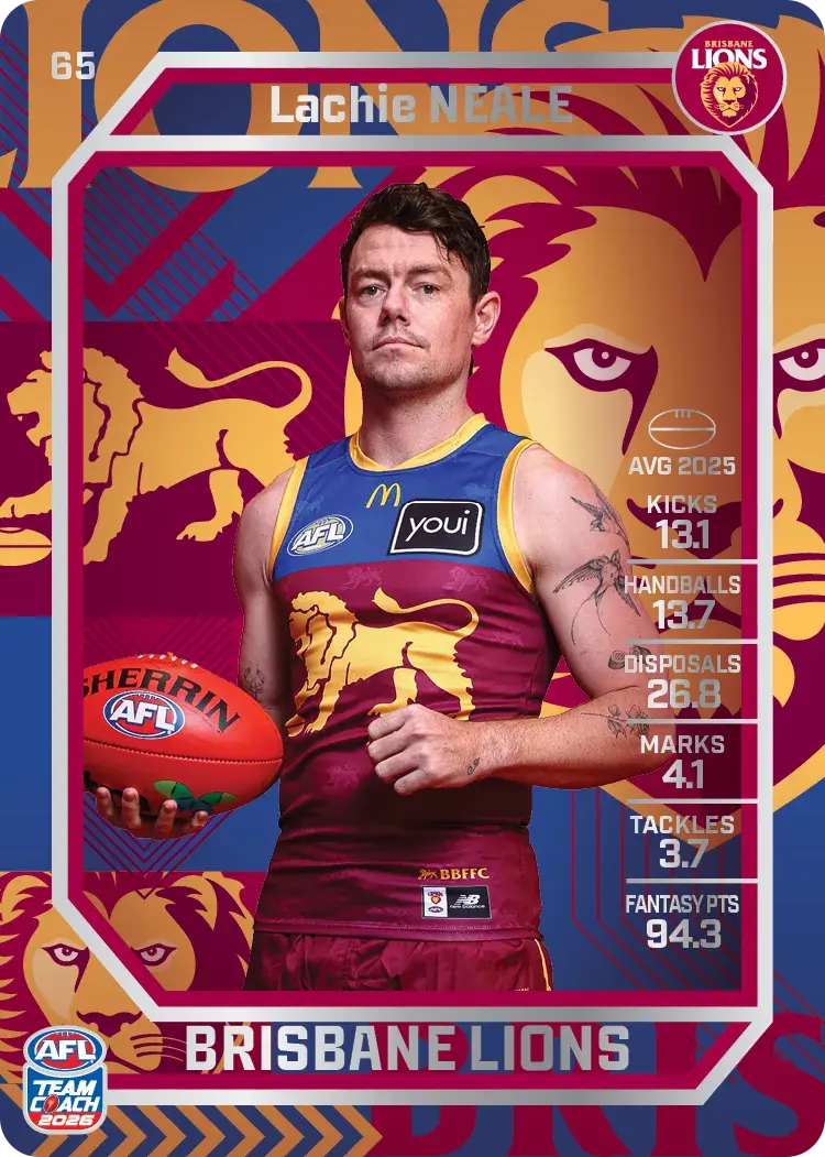 Teamcoach 2026 Base Silver Card #65 Lachie Neale - Brisbane Lions