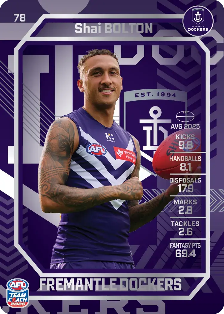 Teamcoach 2026 Base Silver Card #78 Shai Bolton - Fremantle