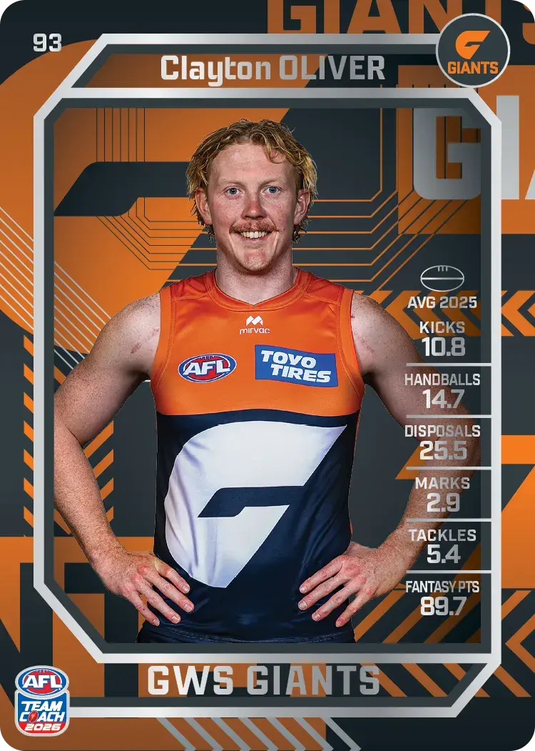 Teamcoach 2026 Base Silver Card #93 Clayton Oliver - GWS Giants