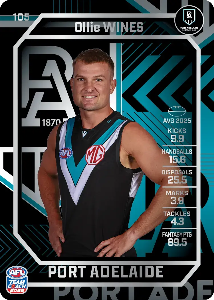 Teamcoach 2026 Base Silver Card #105 Ollie Wines - Port Adelaide