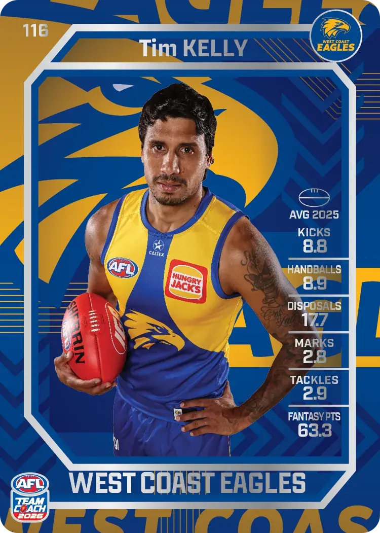 Teamcoach 2026 Base Silver Card #116 Tim Kelly - West Coast Eagles
