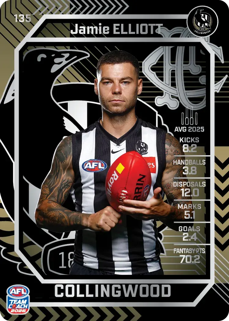 Teamcoach 2026 Base Silver Card #135 Jamie Elliott - Collingwood