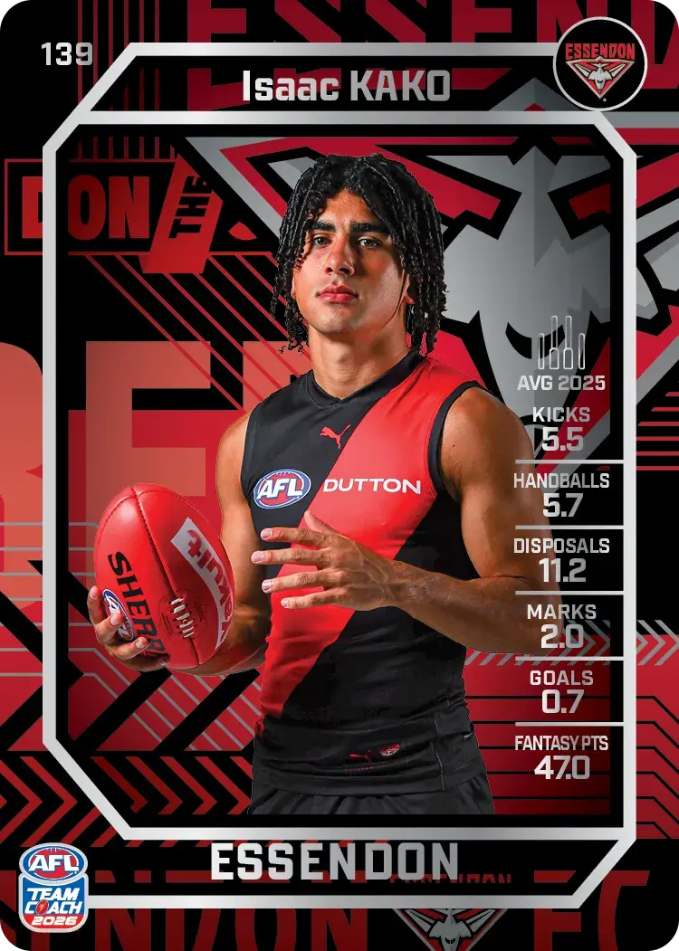 Teamcoach 2026 Base Silver Card #139 Isaac Kako - Essendon