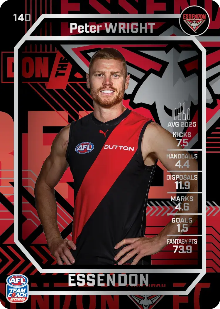 Teamcoach 2026 Base Silver Card #140 Peter Wright - Essendon