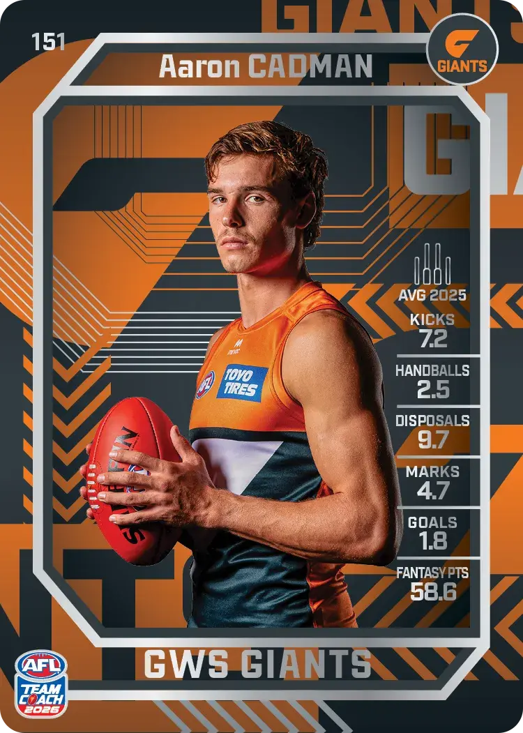 Teamcoach 2026 Base Silver Card #151 Aaron Cadman - GWS Giants