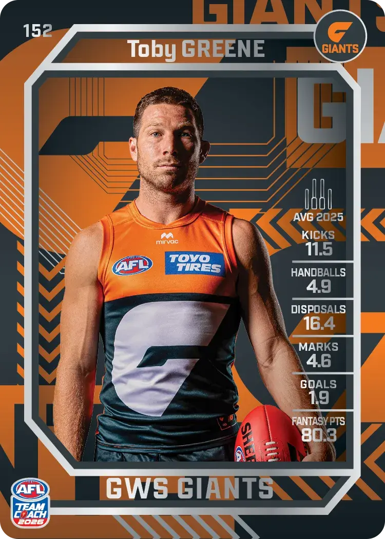 Teamcoach 2026 Base Silver Card #152 Toby Greene - GWS Giants