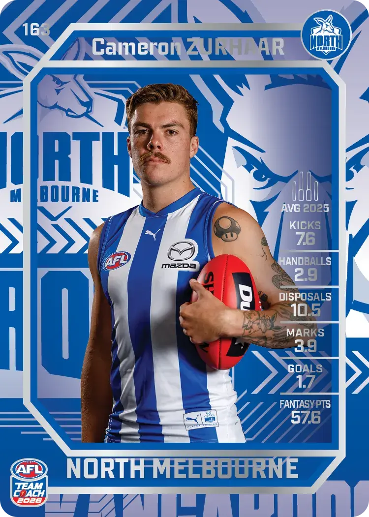 Teamcoach 2026 Base Silver Card #163 Cameron Zurhaar - North Melbourne