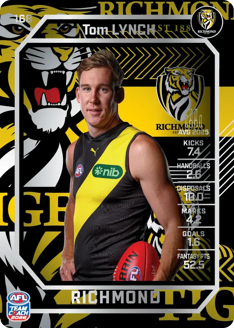 Teamcoach 2026 Base Silver Card #168 Tom Lynch - Richmond