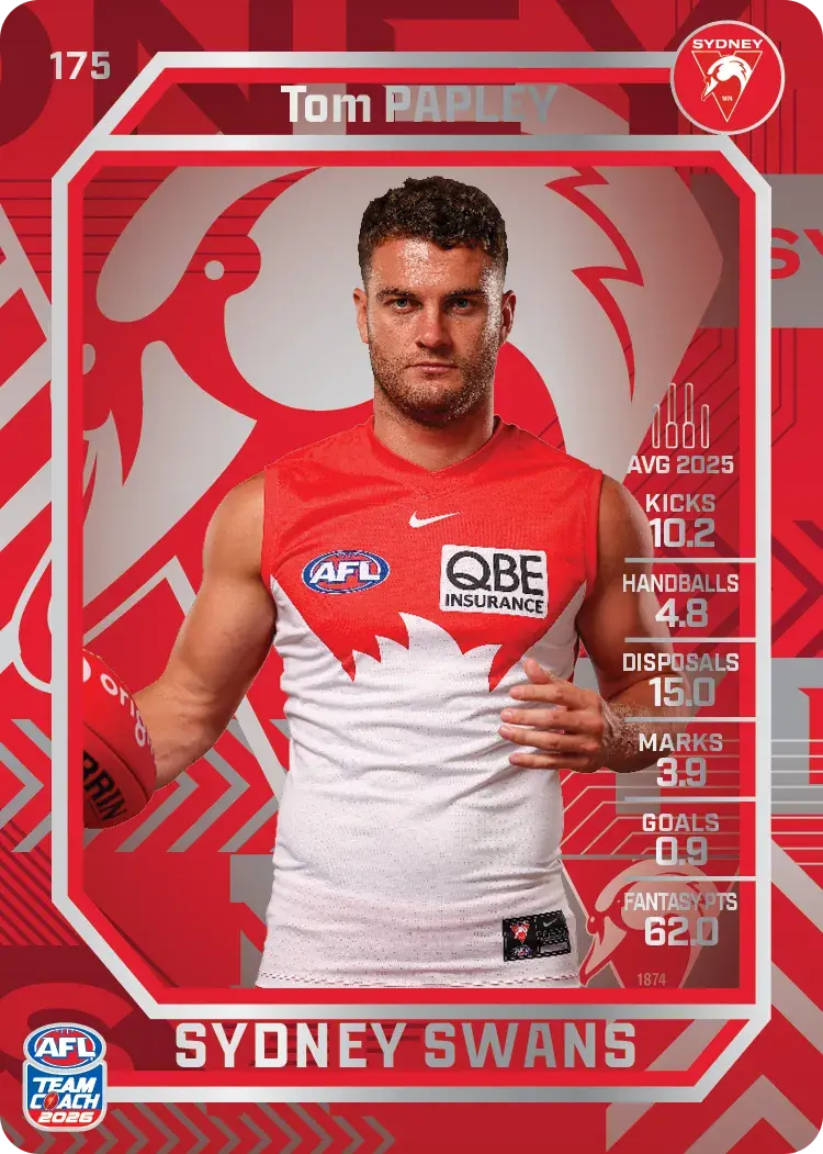 Teamcoach 2026 Base Silver Card #175 Tom Papley - Sydney Swans