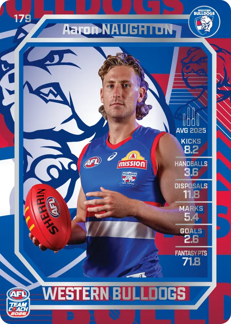 Teamcoach 2026 Base Silver Card #179 Aaron Naughton - Western Bulldogs