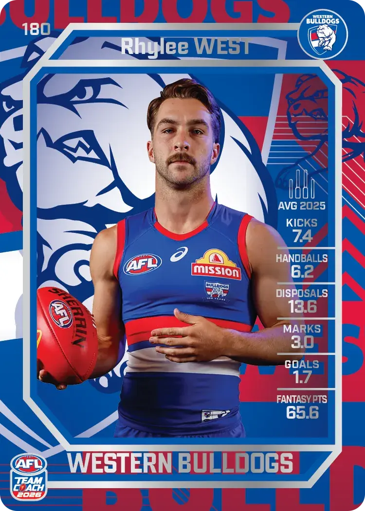 Teamcoach 2026 Base Silver Card #180 Rhylee West - Western Bulldogs