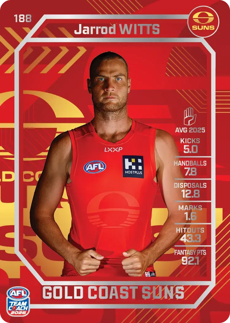 Teamcoach 2026 Base Silver Card #188 Jarrod Witts - Gold Coast Suns