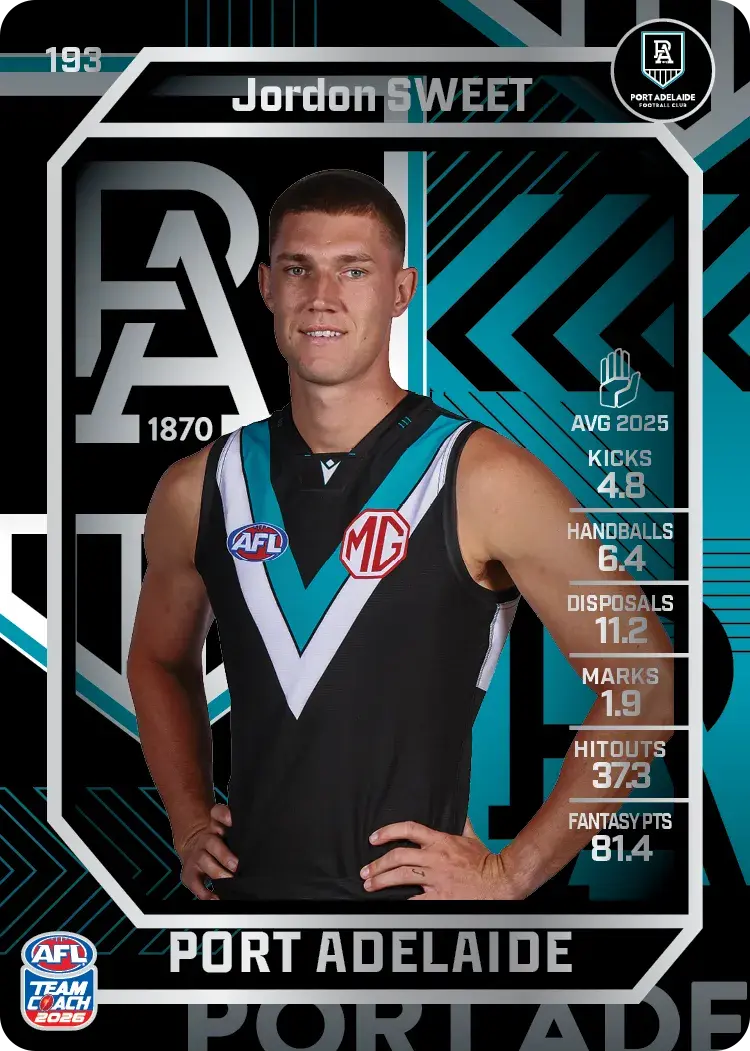Teamcoach 2026 Base Silver Card #193 Jordon Sweet - Port Adelaide