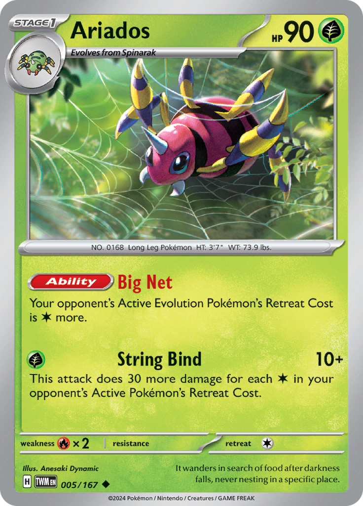 Pokemon TCG Scarlet & Violet expansion Twilight Masquerades. Ariados uncommon card.