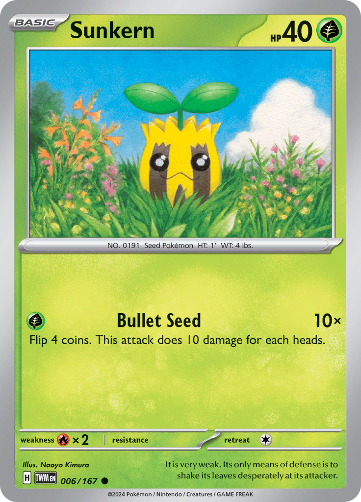 Pokemon TCG Scarlet & Violet expansion Twilight Masquerades. Sunkern common card.