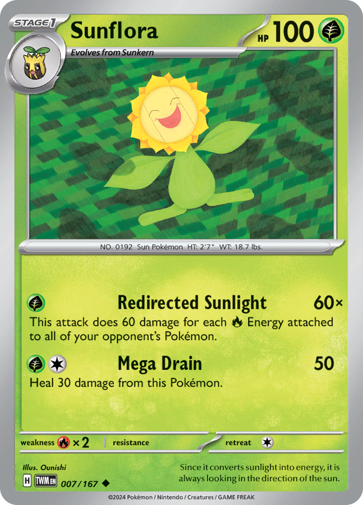 Pokemon TCG Scarlet & Violet expansion Twilight Masquerades. Sunflora uncommon card.