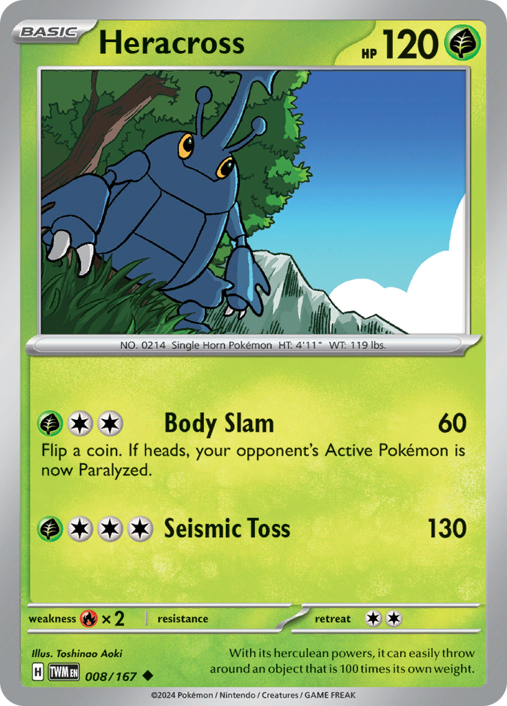Pokemon TCG Scarlet & Violet expansion Twilight Masquerades. Heracross uncommon card.