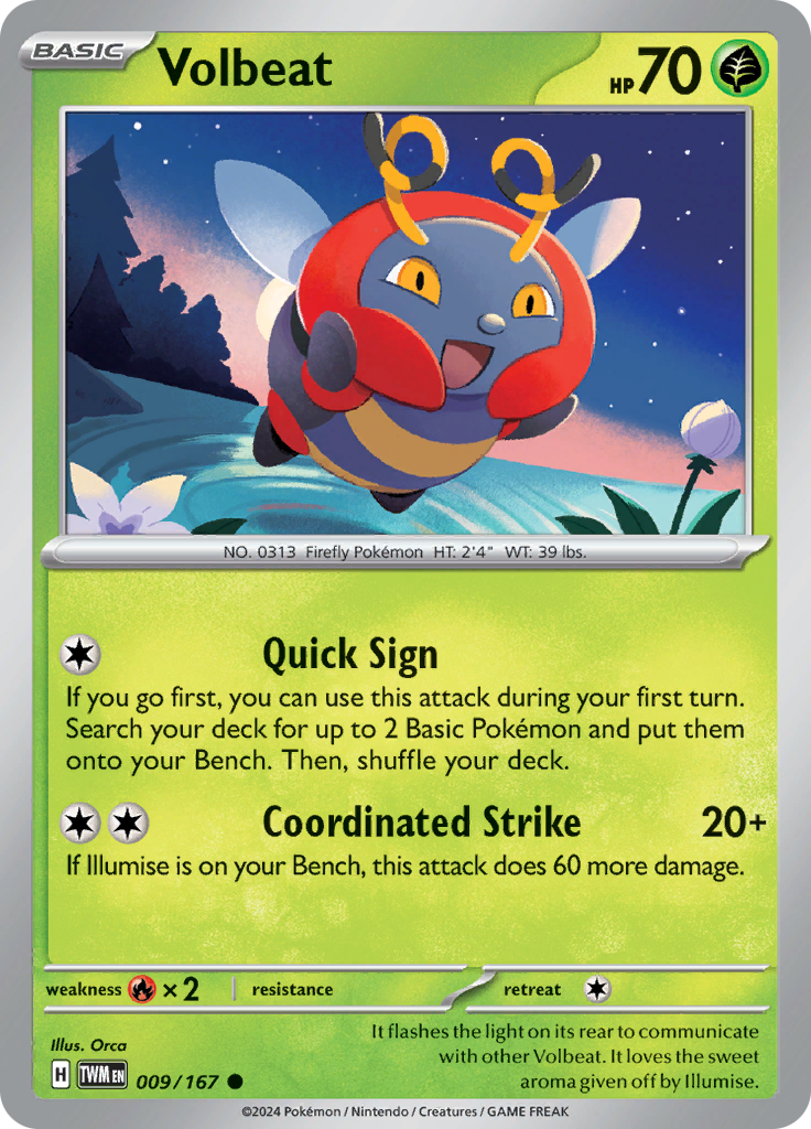 Pokemon TCG Scarlet & Violet expansion Twilight Masquerades. Volbeat common card.